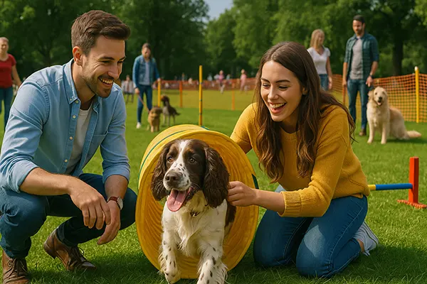 Fröhlicher Hund mit Besitzer